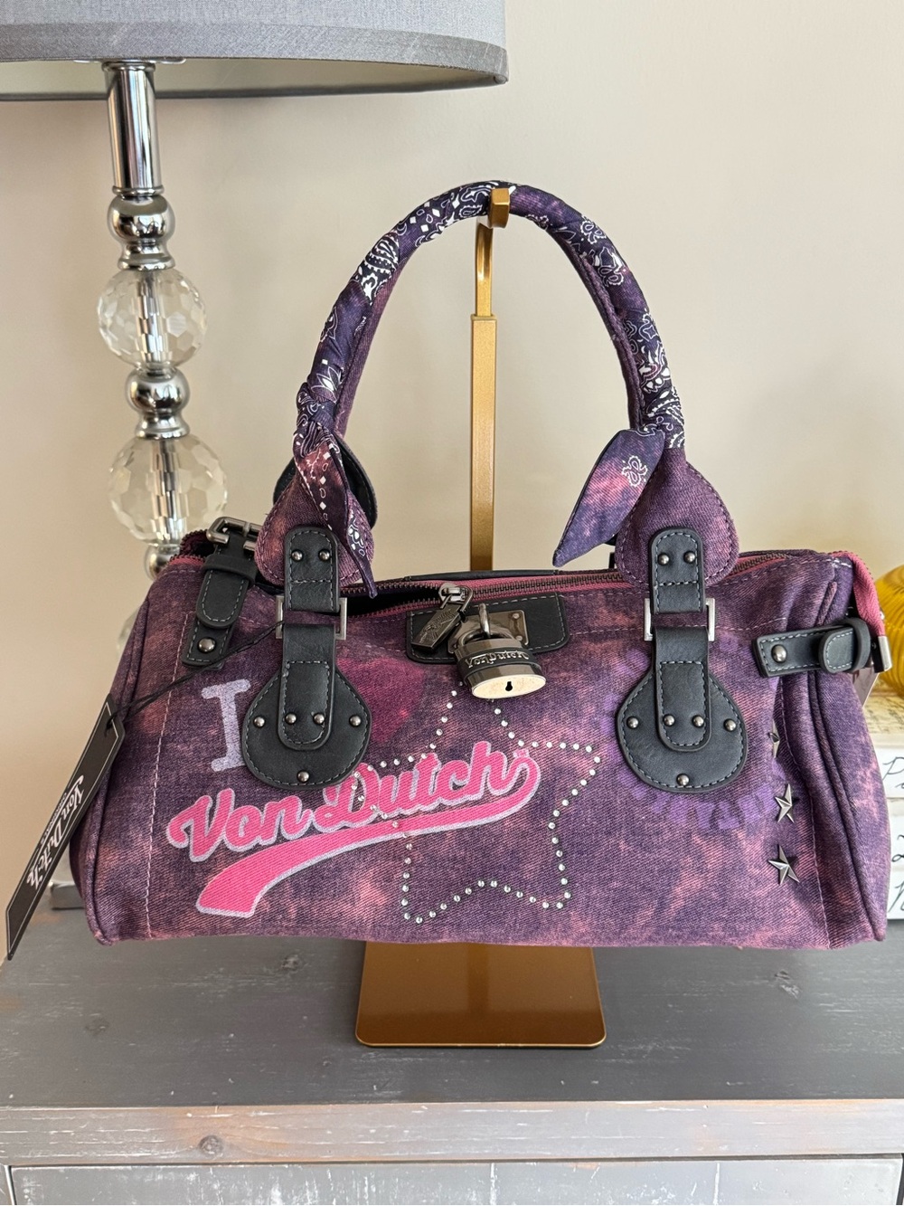 Von Dutch Purple and Pink Logo Satchel Bag